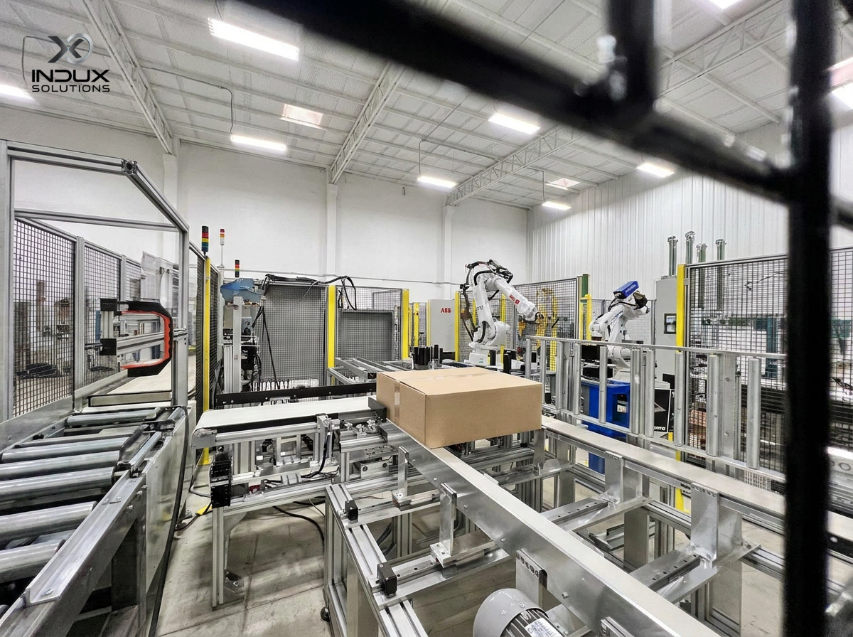 Close-up — ABB robots with automated material transfer conveyor