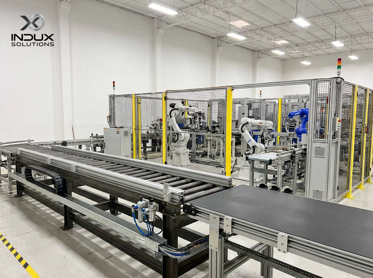 Front view — ABB and Yaskawa robots with roller conveyor