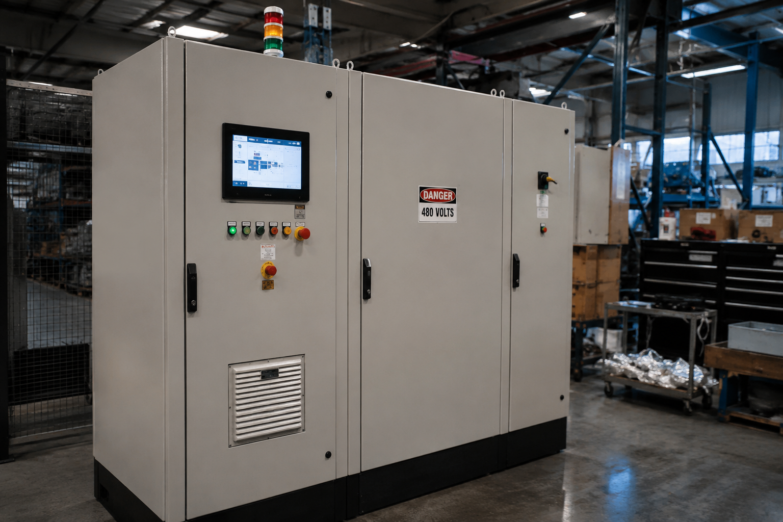 Industrial control cabinet with PLC and HMI interface