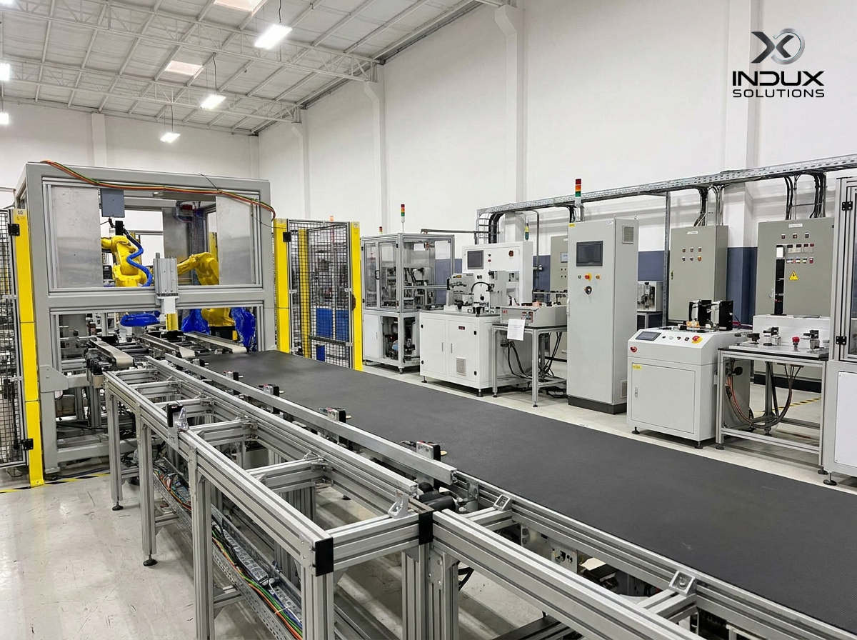 FANUC robotic assembly line with belt conveyor and multi-station operator control panels