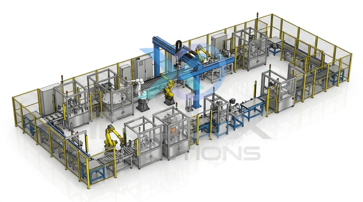 Large-scale turnkey robotic assembly and material handling system — multiple ABB and FANUC robots with conveyor infrastructure