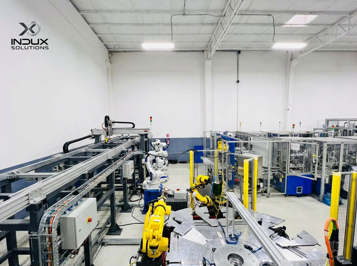 Aerial view — mixed robotic cell with conveyor and safety guarding